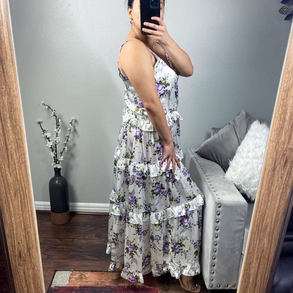Les Reveries Silk Ruffle-Trimmed Tiered Floral Print Maxi Dress Size 6 - Picture 9 of 10